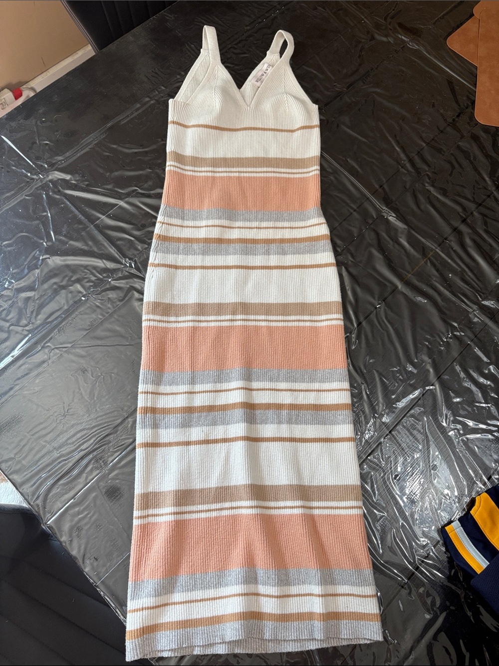 Sleeveless V-Neck Striped Midi Dress in White & Peach